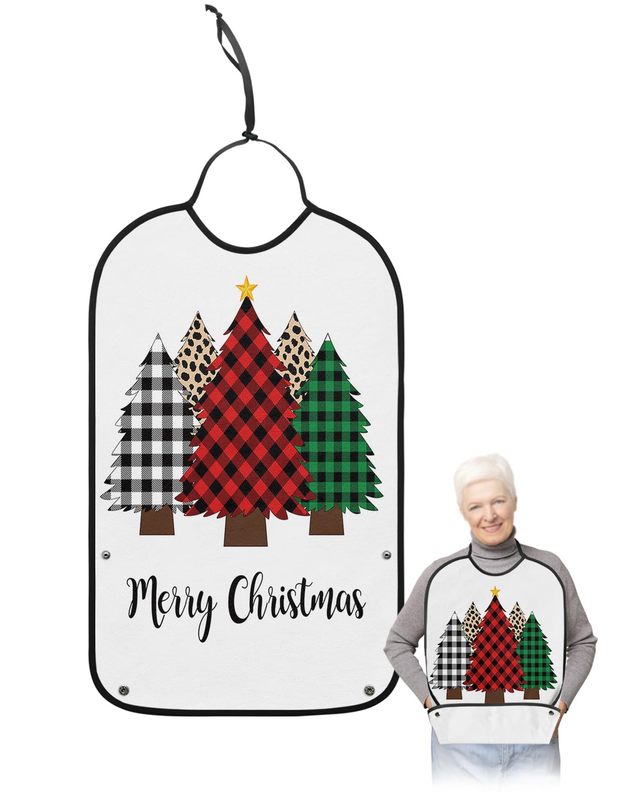 Christmas Tree Adult Bibs for Eating, Waterproof Bibs with Food Catcher & Adjustable Snap Closure, Checkered Leopard Xmas Tree with Star Washable Clothing Protectors Adult Bibs for Elderly Women/Men