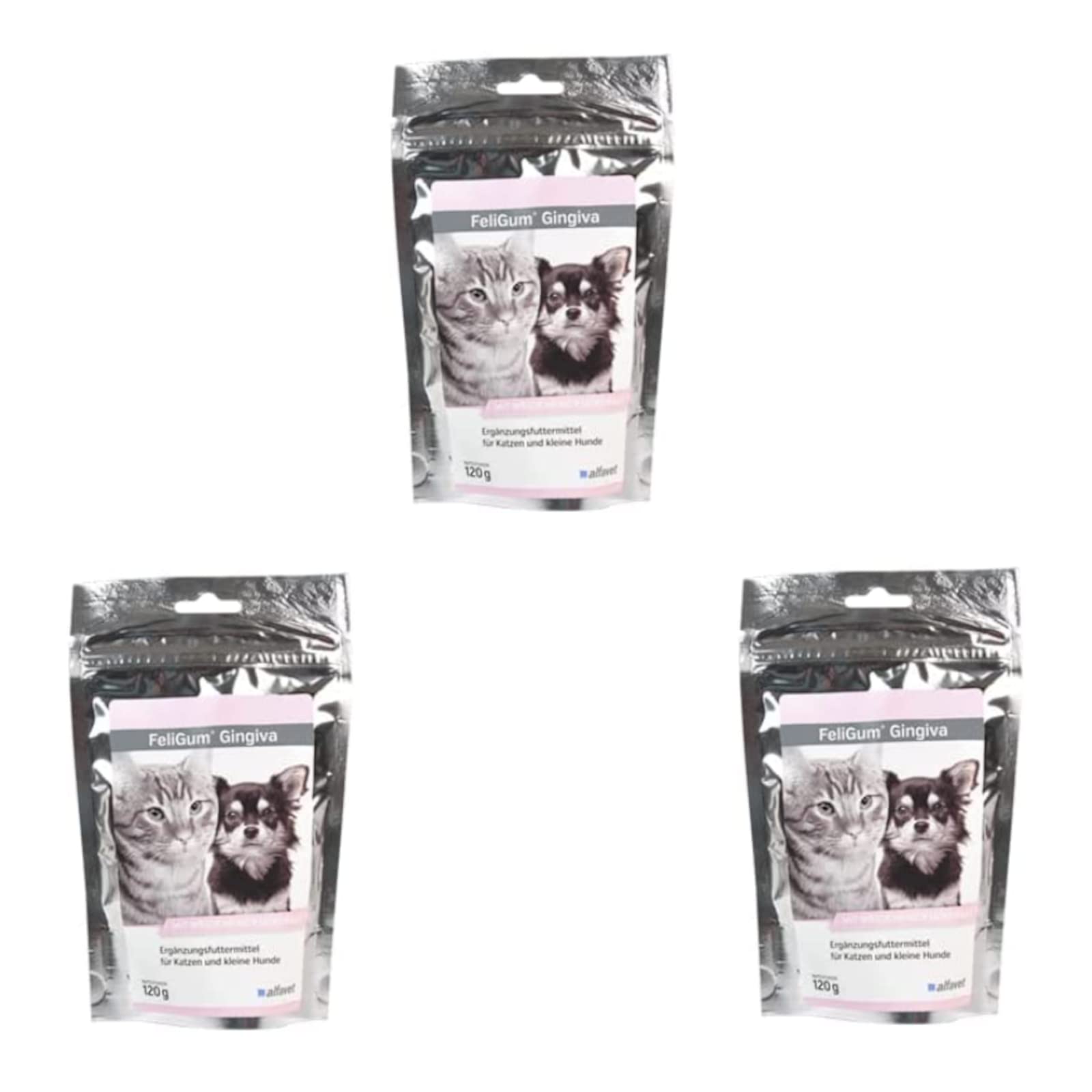 Alfavet FeliGum Gingiva | 3er Pack | 3 x 120 g | Ergänzungsfuttermittel für Katzen und kleine Hunde | Mit Weidenrindenextrakt und Omega-3-Fettsäuren | Leckere, weiche Kaudrops