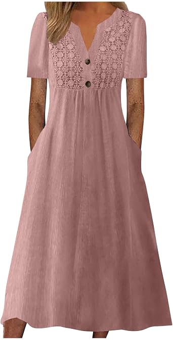 Mzkdieey Maxi Dresses for Women Short Sleeve V Neck Button Down T Shirt Dress Summer Casual Loose Beach Dress with Pockets