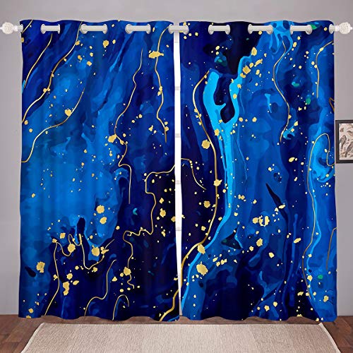 Marble Room Darkening Curtain Blue Gold Marble Print Curtains for Bedroom Modern Blue Thermal Insulated Window Drapes Kids Women Adults Abstract Art Window Treatment W66*L72