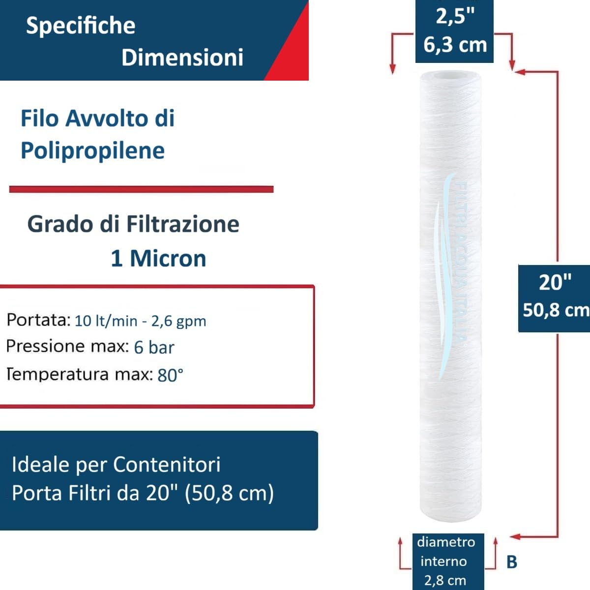 Cartuccia Filtro Filo Avvolto 20 Pollici Micron 1 Set 12 Pezzi Filtri Acqua Italia