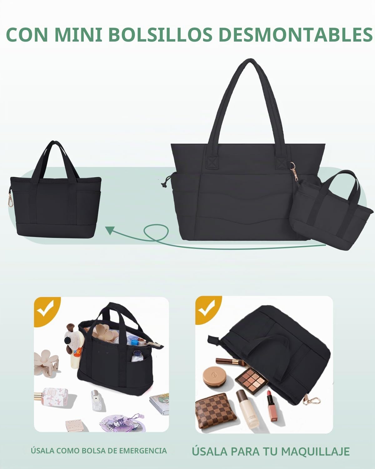 Bolso Tote Mujer Acolchado 2 Piezas, Bolso Shopper Grande con Compartimento para Ordenador 15.6" y Portabotellas Aislante 40oz, Ideal para Oficina, Universidad, Viaje y Uso Diario (Diseño Patentado)