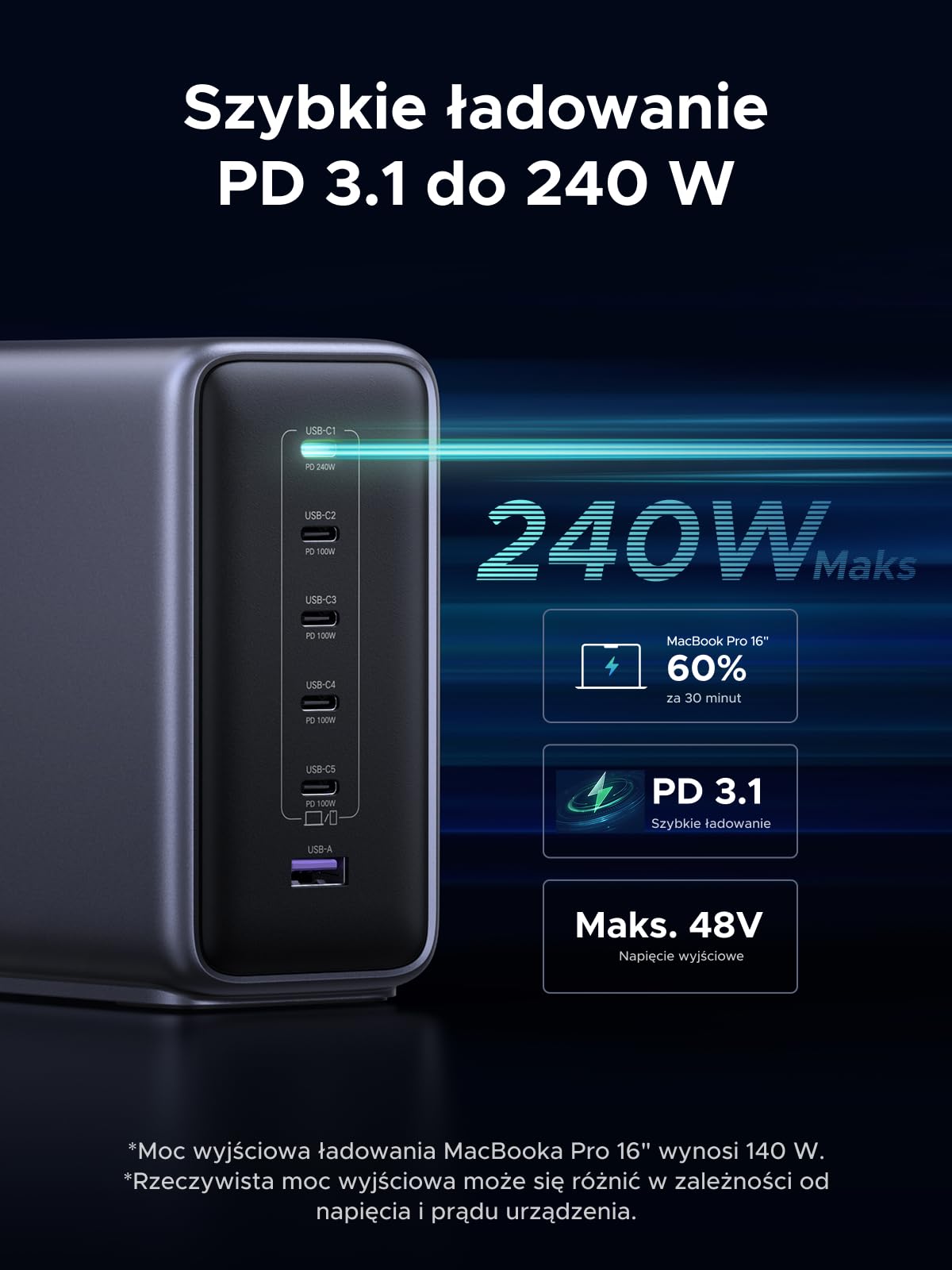 UGREEN Nexode Ładowarka 500 W USB-C, 6 portów, PD 3.1 maks. 240 W na port | Stacja ładująca GaN, ładowarka biurkowa, idealna do biura, kompatybilna z MacBookiem, iPadem, iPhone'em serii 17-8