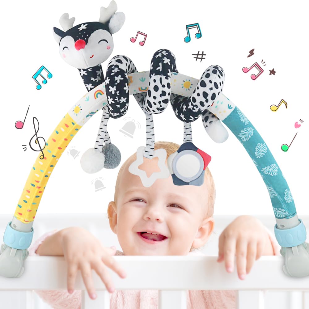 Baby bjorn bounce arch toy bar, Black and White with Stretch & Spiral Hanging Activity Set, Adjustable Clamp for Strollers, Cribs & Car Seats, Includes Rattles, Squeaker & Teether (CT01)