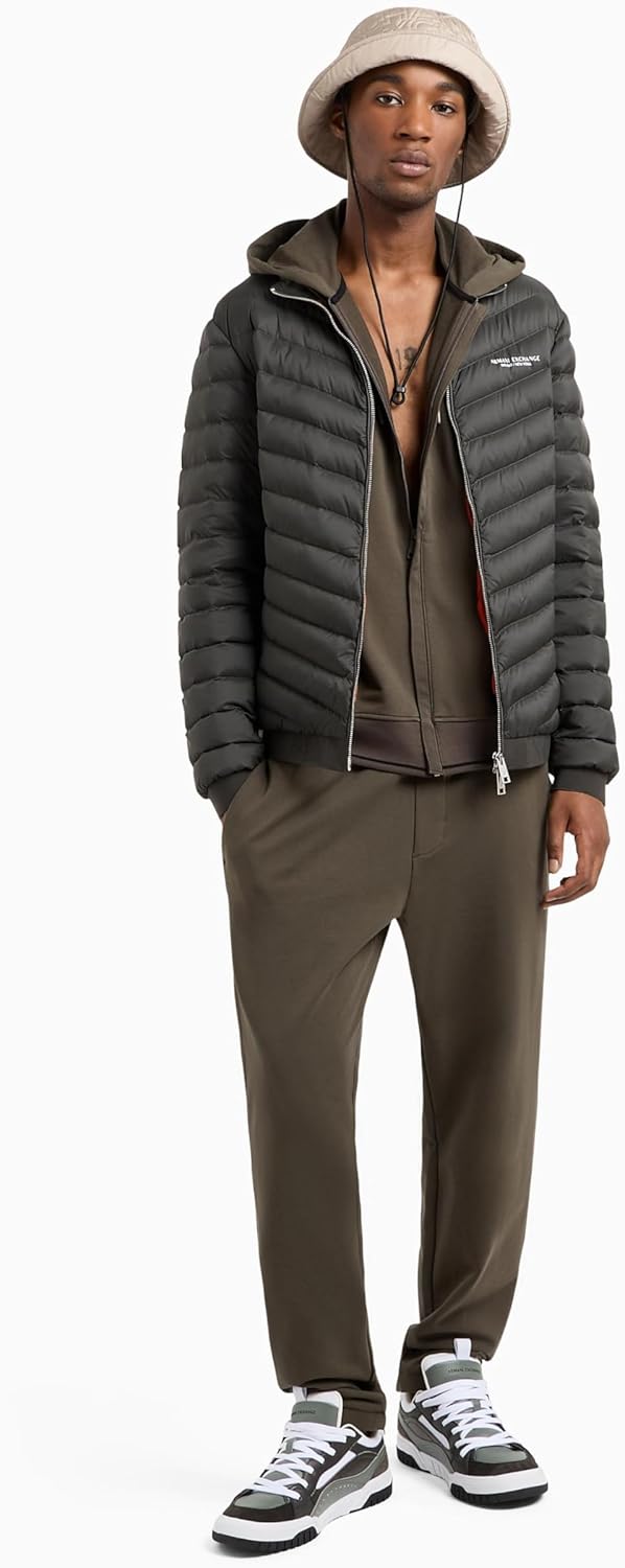Armani Exchange Men's Quilted Milano/New York Logo Zip Up Nylon Jacket, Peat/Rooibos Tea, X-Large - Image 2
