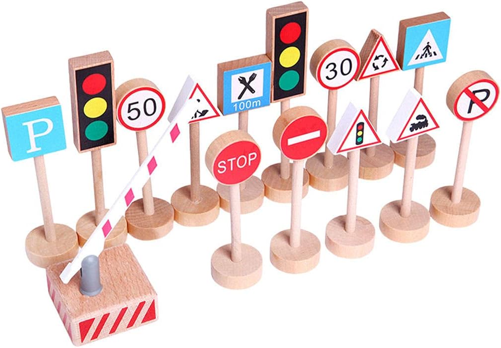 LOL-FUN F Fityle 15 Pieces Road Traffic Signs Play Set Traffic Signs Play Set Mini Wooden Traffic Light Toy Traffic Signs for Children Play 2 3 4 Years Old