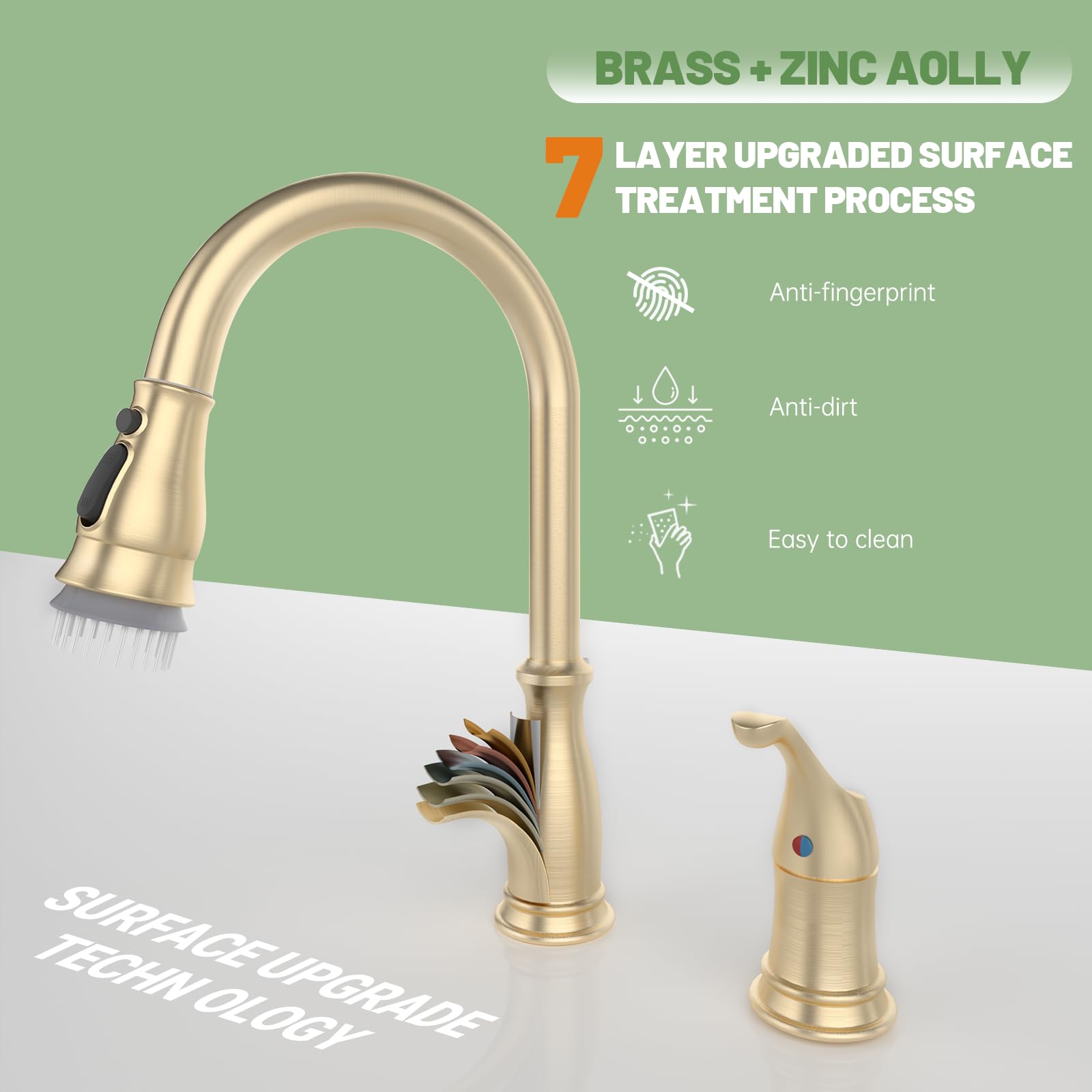 APPASO 3 Hole Gold Kitchen Faucet, Brushed Gold Kitchen Faucet with Soap Dispenser and Pull Down 3-Mode Sprayer, Solid Brass High Arc Modern Sink Faucets with Separate Handle for 2 or 3 Hole Sink