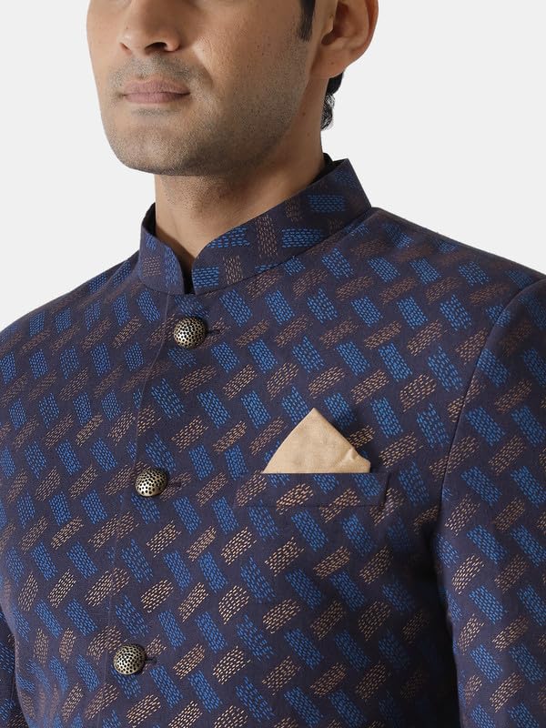 Image of KISAH Men's Sherwani, Indo-Western Blue Cotton Blend, Printed Regular Fit Mandarin Collar Long Sleeves