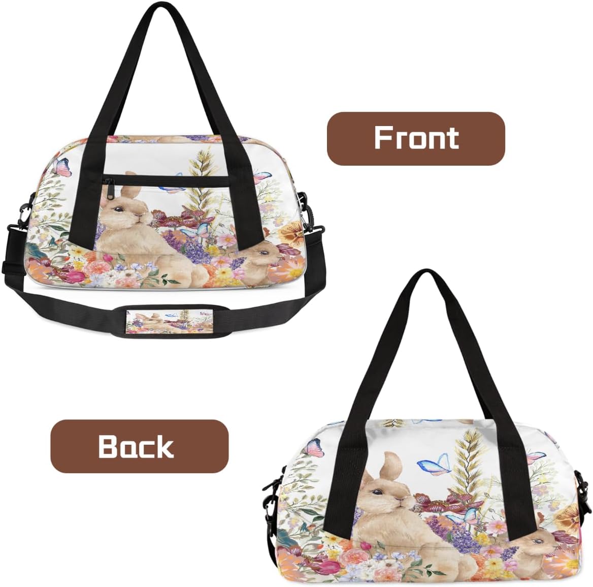 Kids Travel Duffle Bag Weekender Overnight Bag Gym Tote for Boy Girls Carry On Workout Duffel Bag(Watercolor Bunny Floral Butterfly)