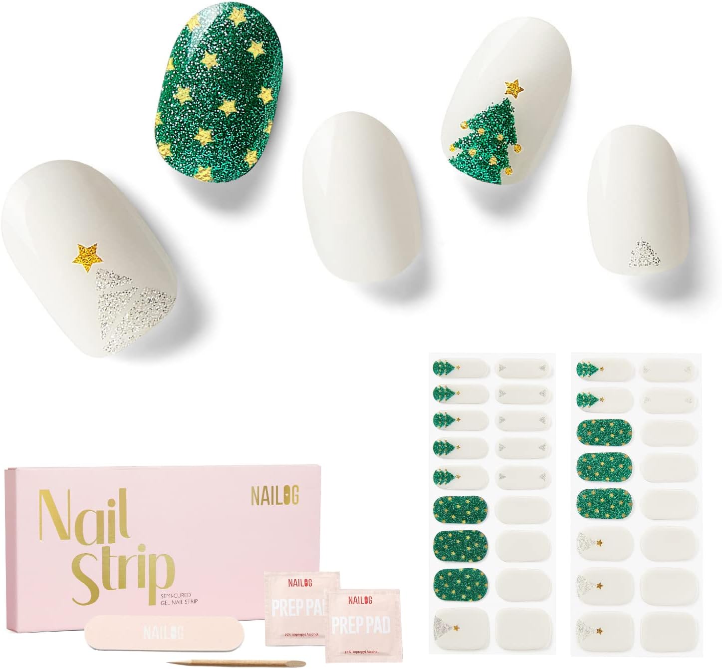 NAILOGSemi Cured Gel Nail Strips, 34 pcs Salon-Quality Gel Nail Stickers, Long Lasting Nail Wraps for Women with Soft Gel Finish, Christmas New Year Design, Twinkling Trees