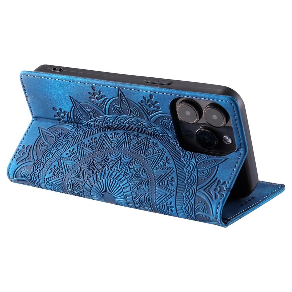 CoverKingz Portafoglio Magnetico Per IPhone 16e: Custodia In Ecopelle Con Motivo Mandala Blu, Fessure Per Carte E Banconote. Supporto Per Videochiamate.