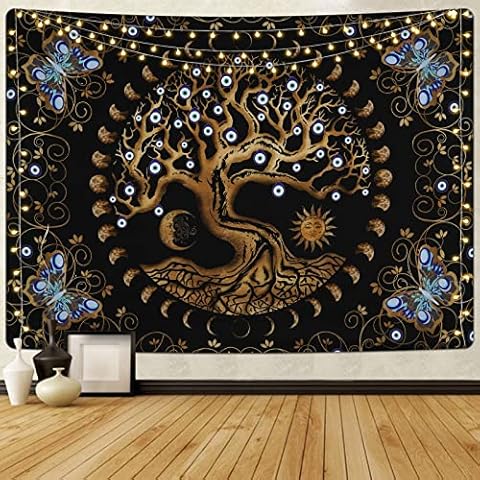 Krelymics Tree of Life Tapestry for Bedroom, Sun and Moon Tapestry Mystic Eye Tapestries Aesthetic Butterfly Tapestry Flower Vines Tapestry Wall Hanging for Room(59.1 x 82.7 inches) Cover
