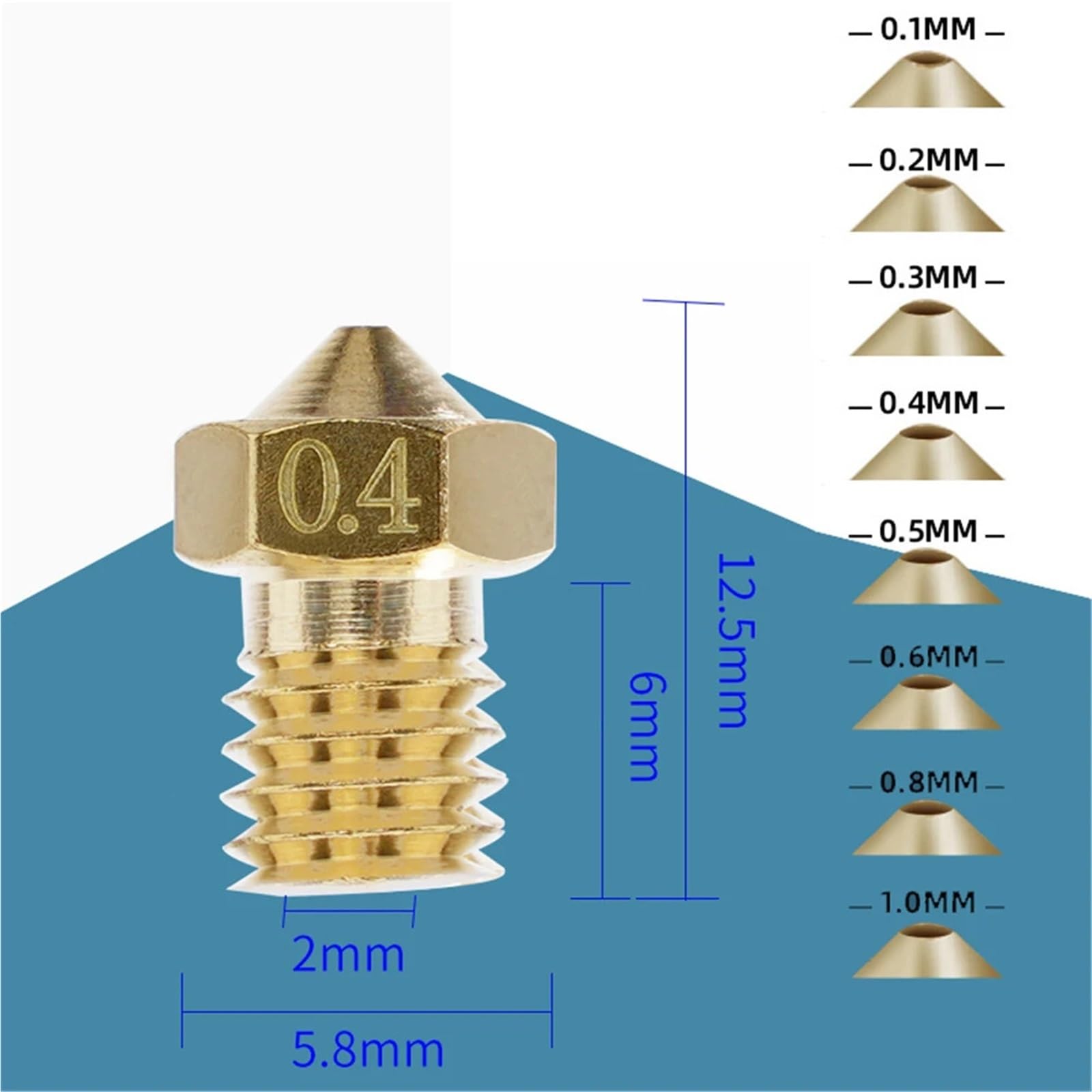 20 Stück 3D-Drucker-Düse für 1,75 mm Filament, 3D-V6-Düsen, Messing, Kupfer, Druckkopf, 0,4 mm, 0,5 mm, 0,6, 0,8 mm Düsen (0,4 mm)
