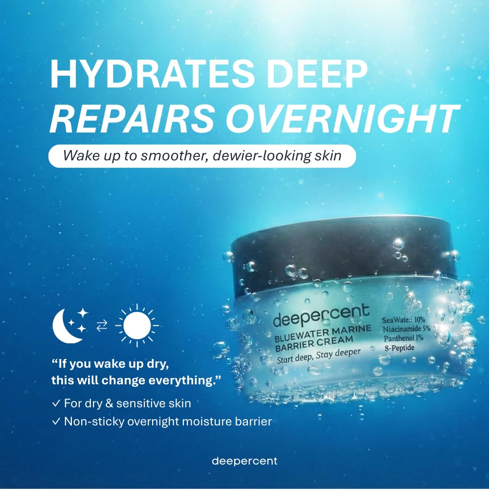 DEEPERCENT Bluewater Marine Barrier PDRN Face Cream - Night Cream Face Moisturizer Dewy Skin Deep Hydration Hyaluronic Acid Peptide Vegan Fragrance Free Sensitive Skin Korean Skin Care (1.69 fl oz) - Image 2