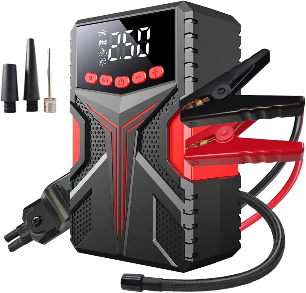 Booster de batería multifunción con compresor de aire, batería de pico de 2000 A (hasta 6,5 l motores de gasolina o diesel de 4,0 l) con función de inflador de neumáticos digital LED 150 PSI
