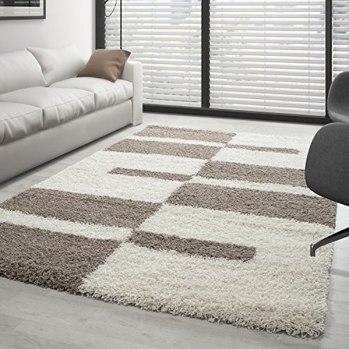 Carpettex Hochflor Teppich Wohnzimmer Shaggy Flokati Teppich Modern Kariert Design 120 x 170 cm...