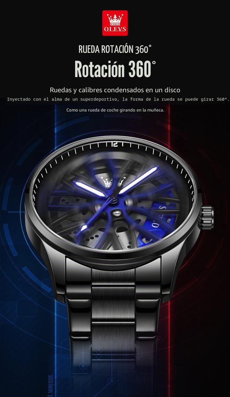 OLEVS Watches for Men Skeleton Quartz Racing Car Wheel Stainless Steel Casual Sports Waterproof Luminous Mens Watches