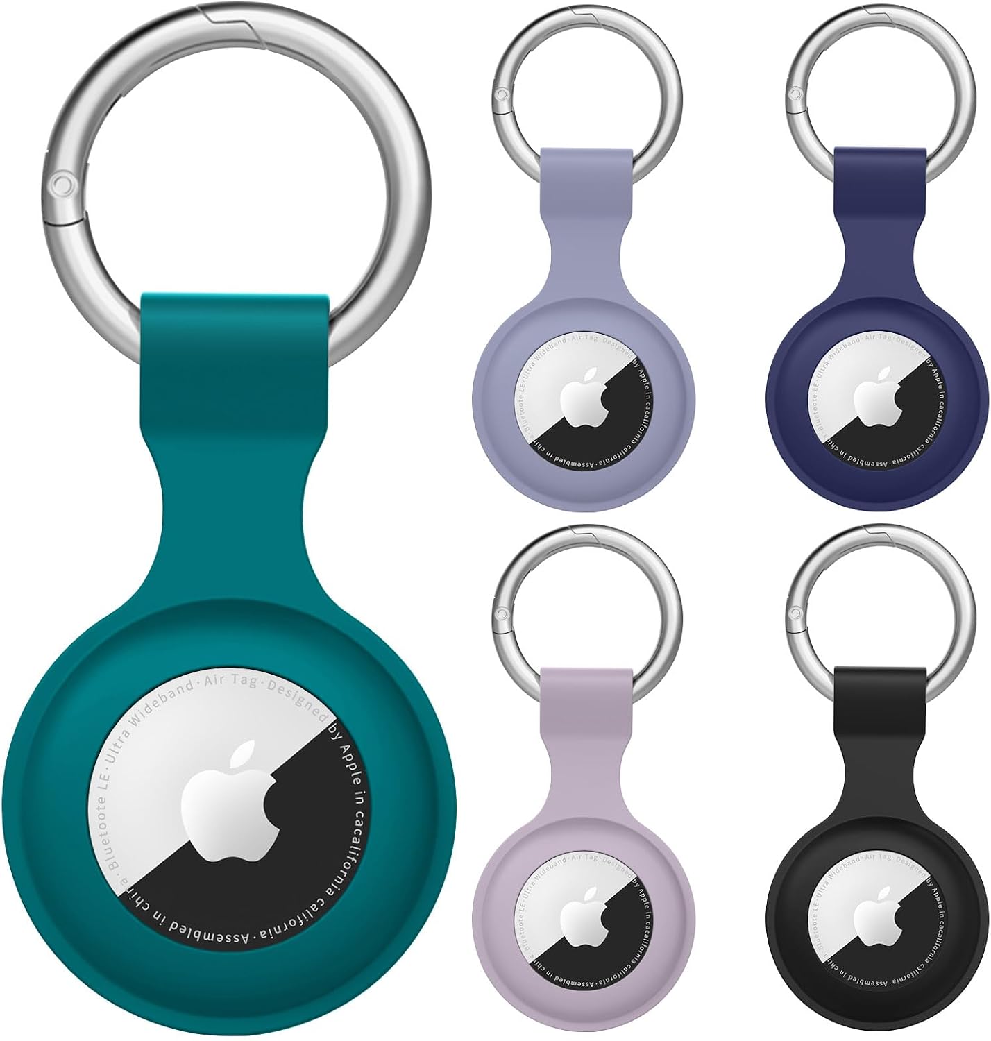 5 Pack Airtag Holder for Apple Air Tag, Airtag Case with Anti-Lost Keychain Key Ring, Silicone Protective Cover for Backpacks, Dog Collars, Luggage (Black+Navy Blue+Light Purple+Green+Grey Blue)