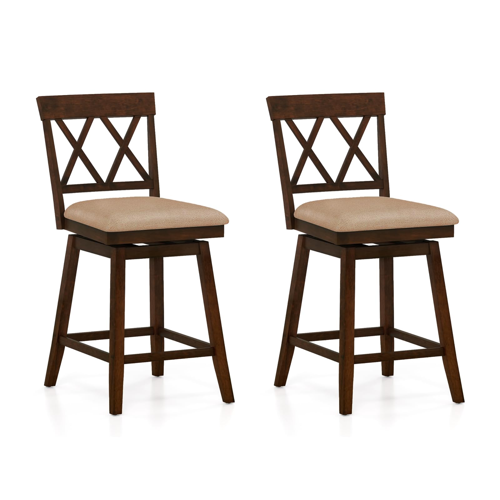 COSTWAY Bar Stools Set of 2 for Kitchen Island, 24" Counter Height Chair with Ergonomic Backrest, Foot Rest, Padded Seat & Solid Wood Structure, 360°Swivel Farmhouse Barstool with Back