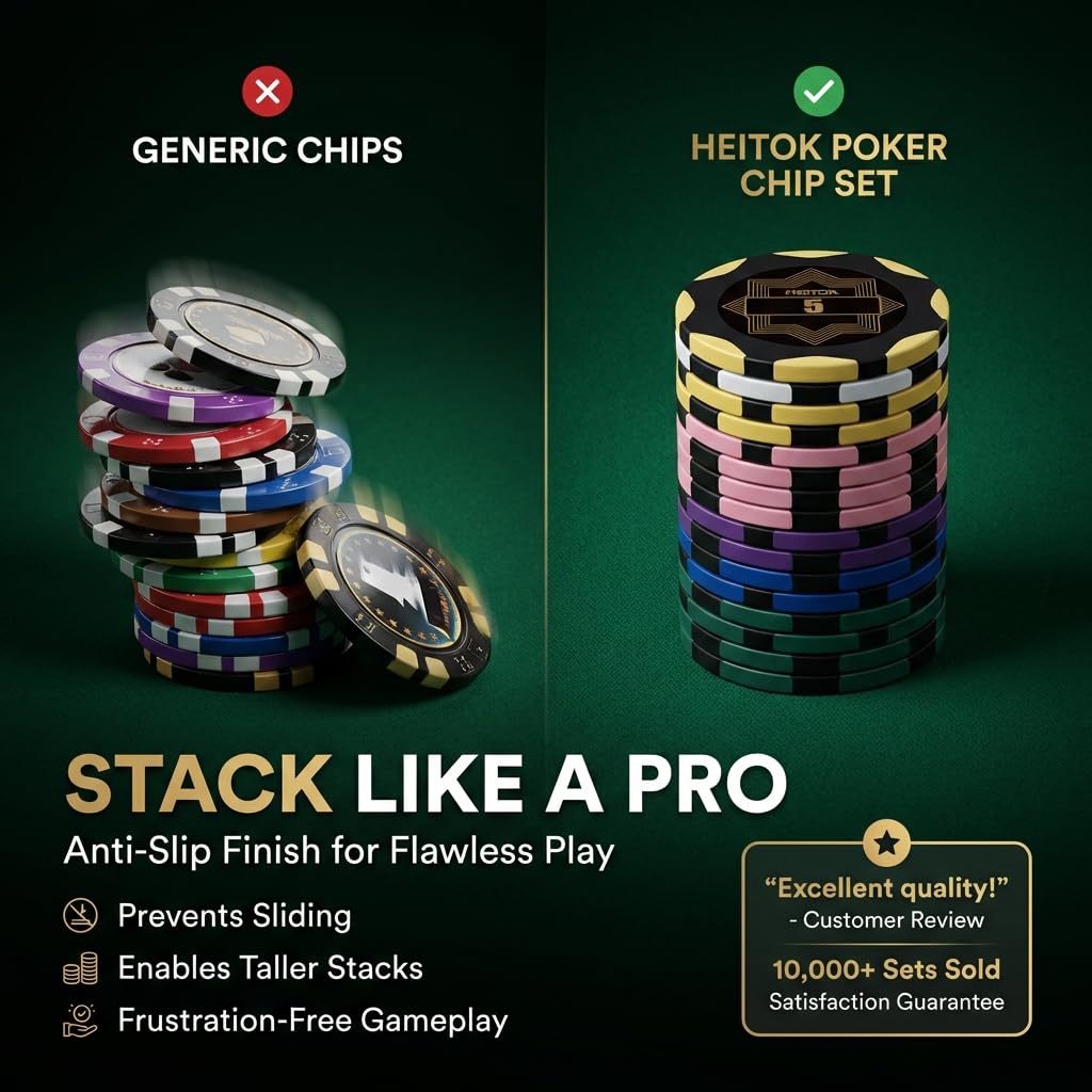 HEITOK Zestaw do pokera 300 żetonów 14g gliniane kompozytowe z metalowym rdzeniem, profesjonalna walizka aluminiowa, karty, kości i przyciski blind, kompletny zestaw Texas Holdem Casino