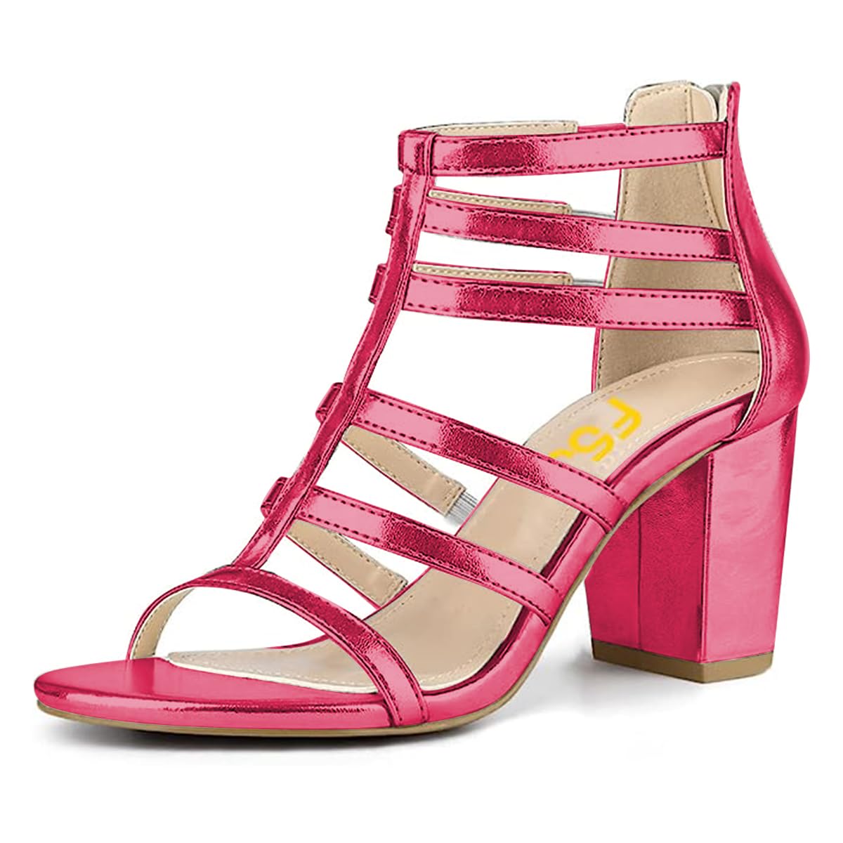 FSJ Women Chunky Mid High Heel Sandals Open Toe T-Strap Pumps Cutout Dress Party Prom Office Strappy Shoes Elastic Back Zipper Size 4-15 US