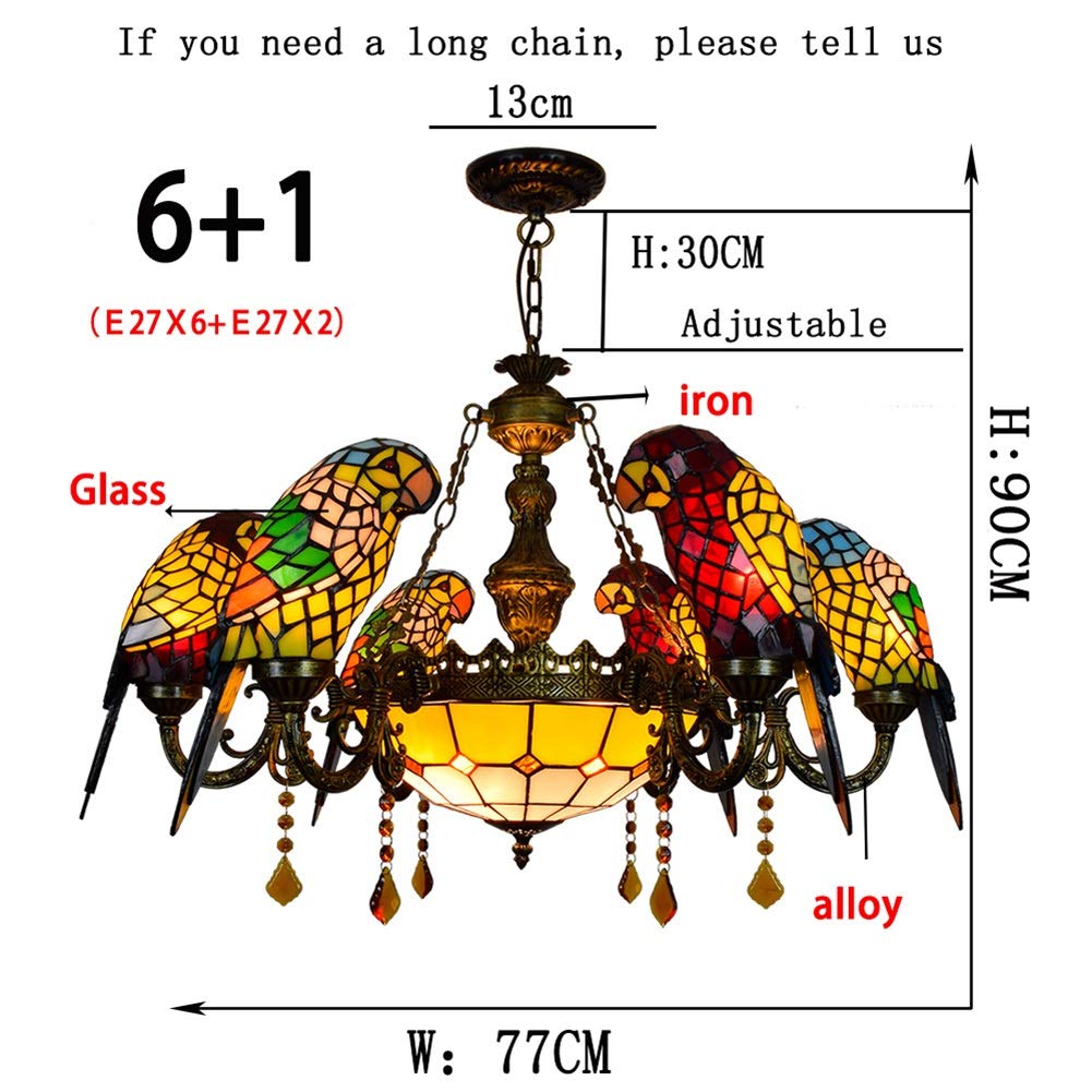Żyrandol Tiffany 32" w stylu Tiffany'ego Kolorowa papuga Lampa wisząca Lobby Living Dining Bar Witraż Żyrandol z 6 ramionami i 12" odwróconą lampą sufitową