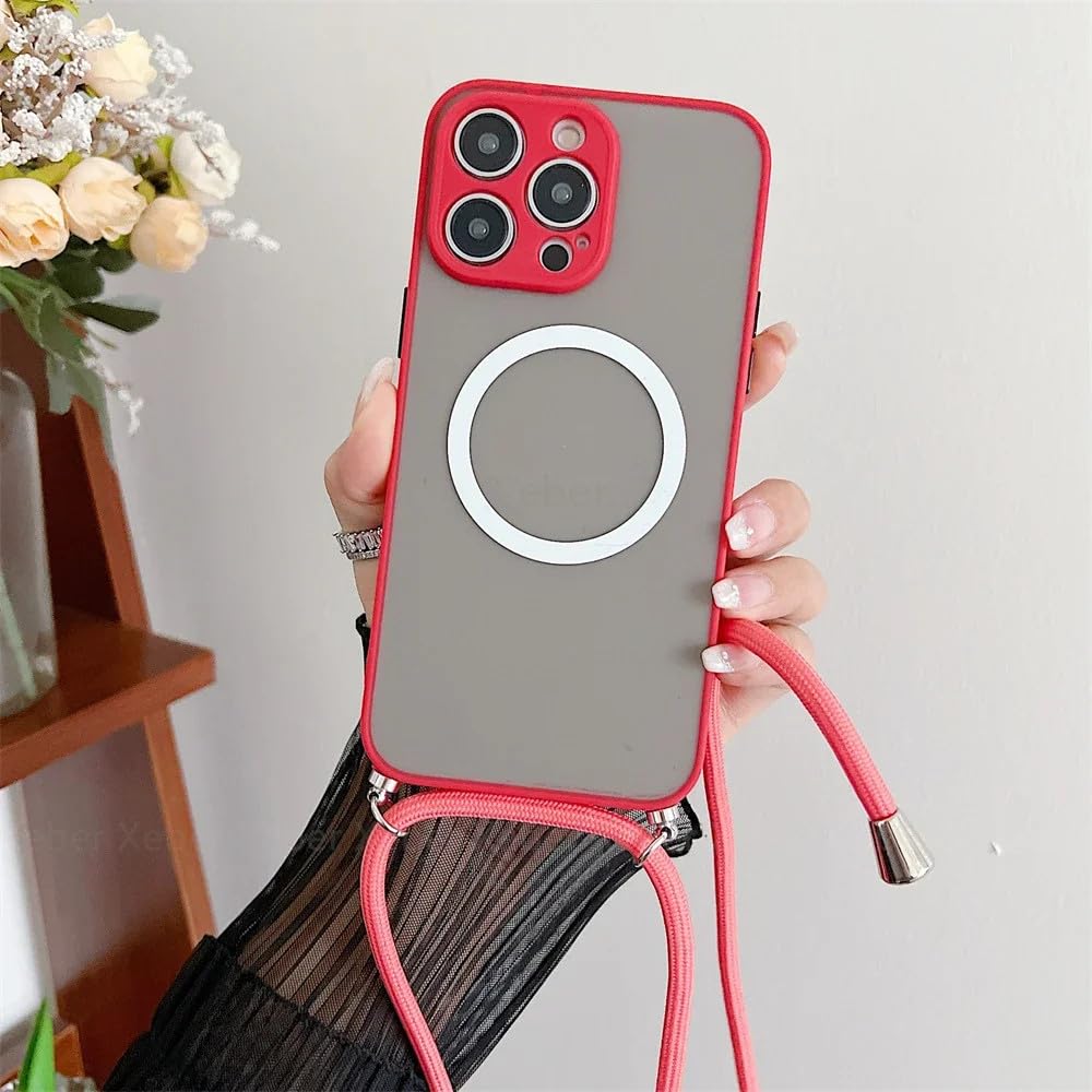 Magnetyczny matowy przezroczysty futerał na telefon iPhone 15 14 13 12 11 Pro Max 7 8 Plus Naszyjnik Lina Rękaw Ochraniacz, czerwony, Do iPhone 11