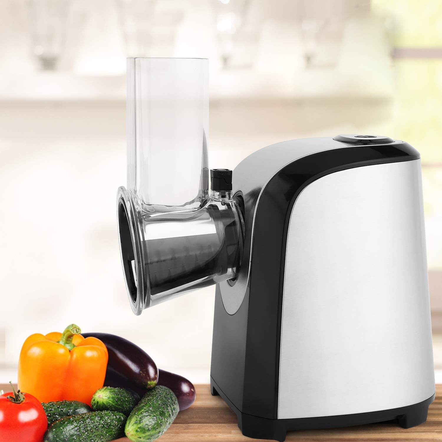 Meykey Rallador Eléctrico Multifunción 5 en 1,Rallador cocina, Cortador de Verdura Eléctrico 150W, Plateado
