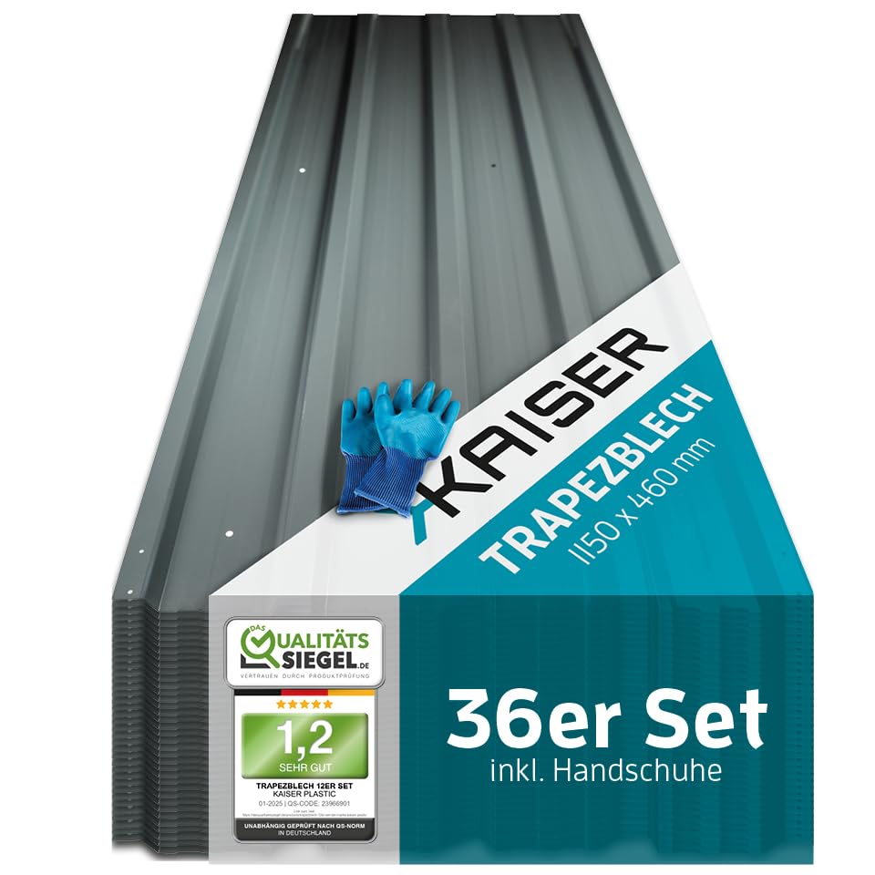 Kaiser Juego de 36 láminas trapezoidales – Chapa perfilada de 115 x 46 cm (19,04 m²) antracita – Placas galvanizadas de metal y chapa de acero – para garajes, techos, cobertizos, revestimiento de