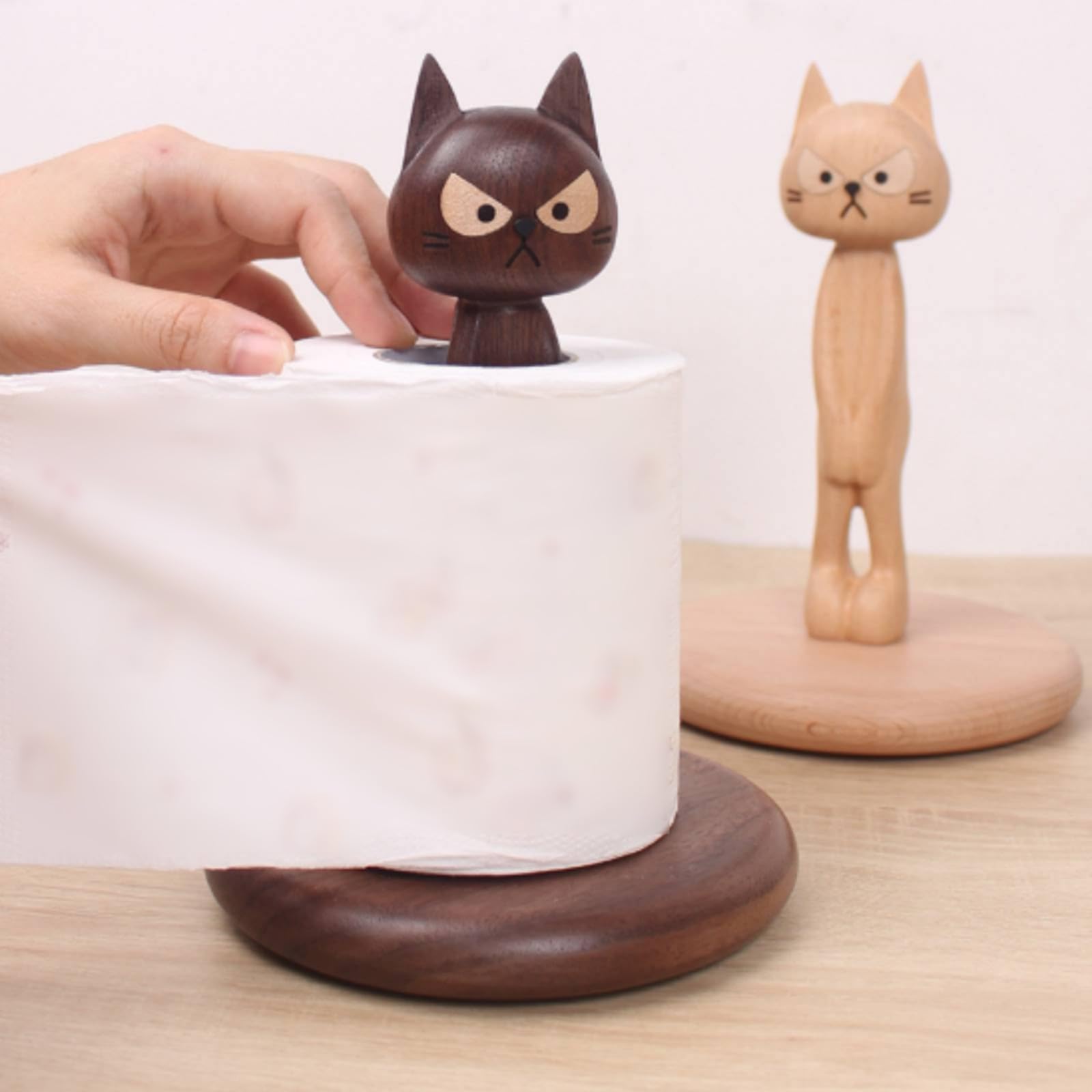 Katzen Küchenrollenhalter Küchenpapierhalter Serviettenhalter Papiertuchhalter aus Dunklem Walnussholz mit Dekorativer Tierfigur Und Stabiler Basis, Buchenholz Schüchterne Katze