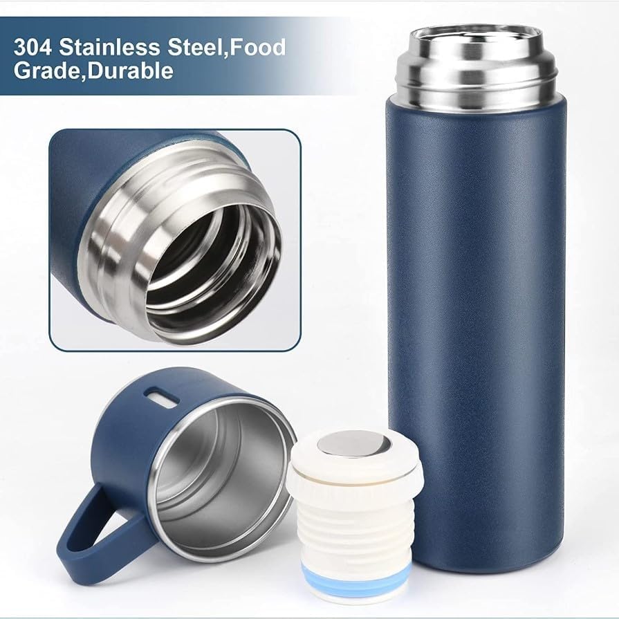 Image of Double Wall Stainless Steel Thermo 500ml Vacuum Insulated Bottle Water Flask Gift Set with Two Cups Hot & Cold Diwali Gifts for Employees Corporate Gift Items (Blue*)(Multi Colour)