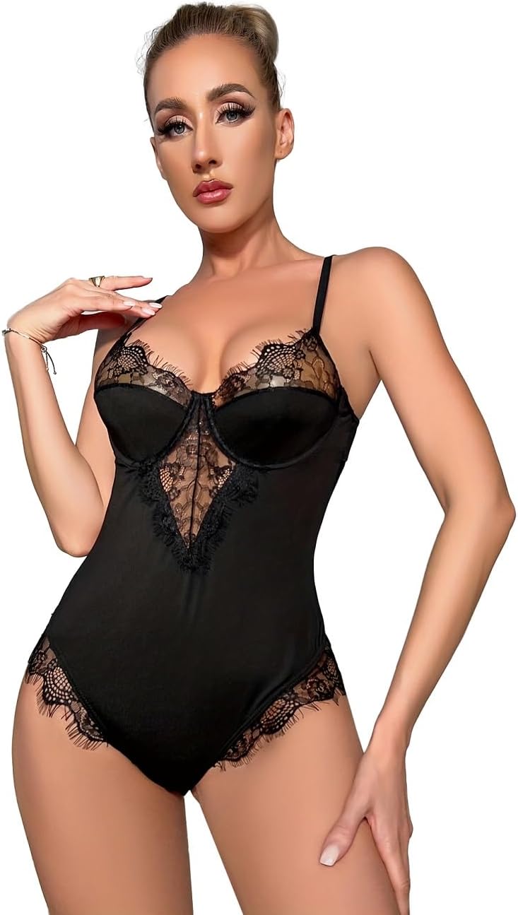 KOOPAOWomen Sexy Lingerie Teddy One Piece Lace Halter Babydoll Bodysuit