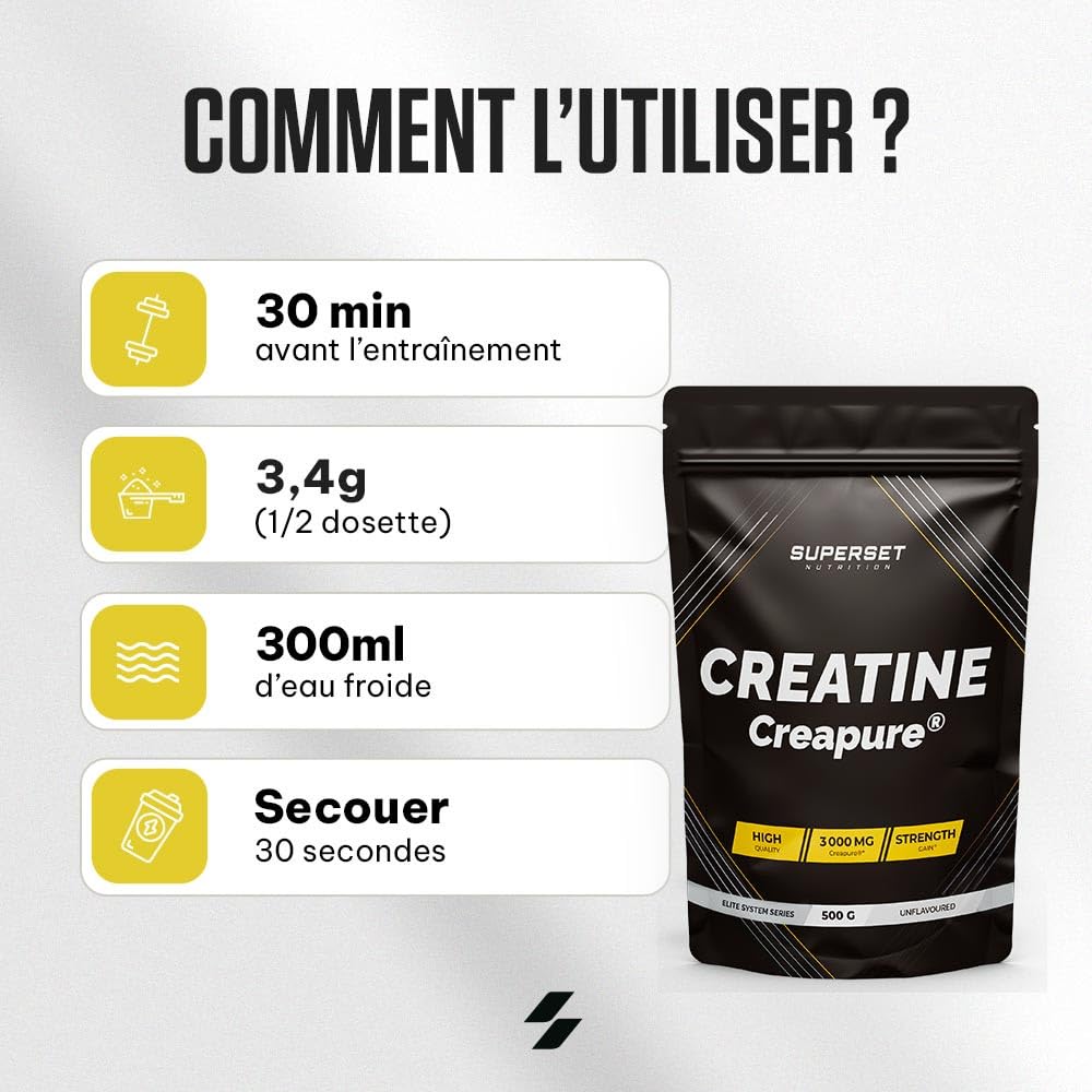 Superset Nutrition | Créatine Monohydrate Creapure® (500g) | Créatine pure en poudre | Certifiée Creapure®, 3g, absorbtion optimale et augmentation de la force