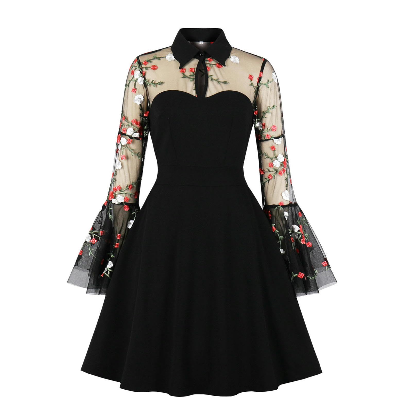 Robe d'épissure à manches cloche en maille brodée noire grande taille pour femme