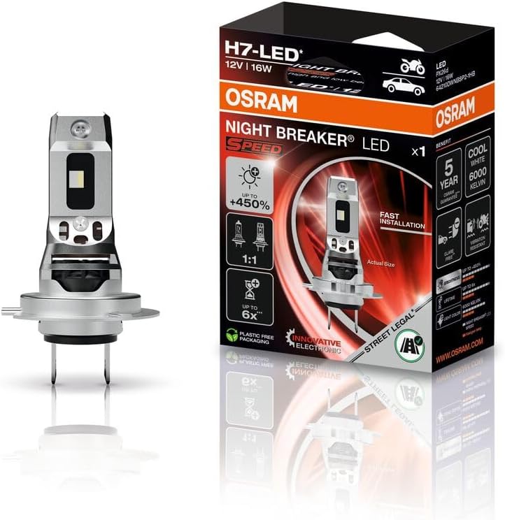 Osram Night Breaker LED Speed H7 450 for Motorcycles, LED Retrofit Lamp for Motorcycles with Road Legal, up to 450% More Brightness, 6000K, LEDEC02 Integrated, 1 Lamp