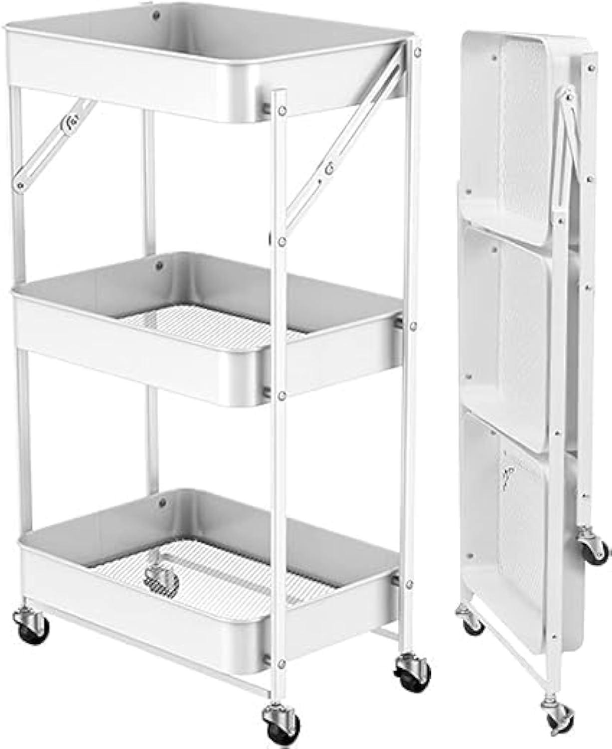 3 Tier Metal Storage Trolley Cart Multifunction Foldable Rolling Cart With Lockable Wheels Casters Utility Mesh Basket Organizer Rack For Office Kitchen Bedroom Bathroom Service Cart WHITE II