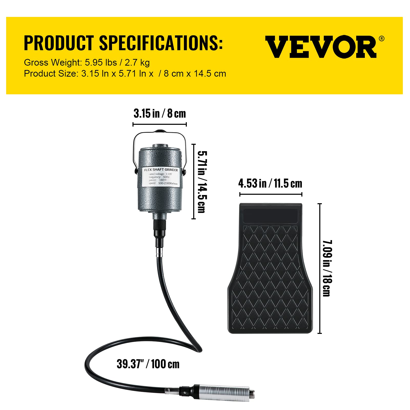 VEVOR Meuleuse Suspendue à Arbre Flexible Polisseur Suspendu Moulin Électrique 0,3-6,5 mm, 500-23000 tr/min, Broyeur à Suspendre pour Meulage Ponçage Polissage Nettoyage Mandrin Moteur Puissant 380 W