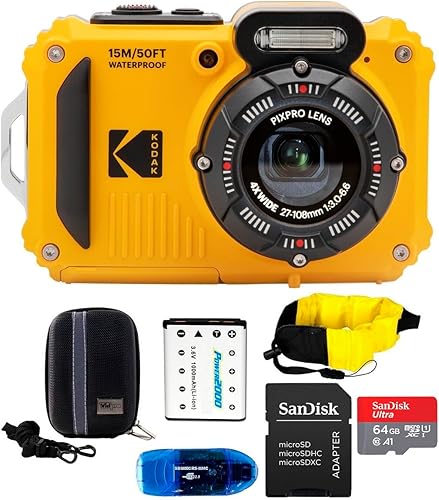 KODAK PIXPRO WPZ2 - Paquete de cámara digital impermeable, incluye tarjeta de memoria MicroSD SanDisk de 64 GB, batería de repuesto y más (6