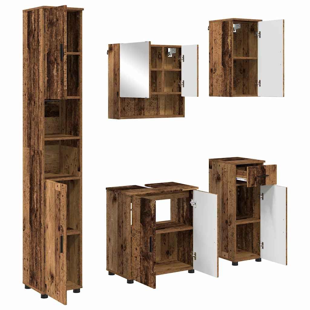 Juego de muebles de baño, 5 piezas, aspecto de madera vieja, aglomerado y acero, montaje en pared, armario bajo lavabo, armario alto para baño moderno, incluye lavabo de cerámica