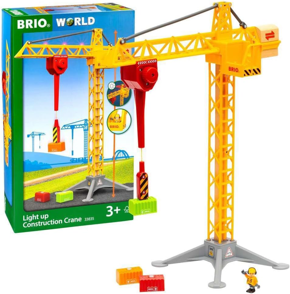 World Light Up Construction Crane for Kids Age 3 Years Up - Wooden Railway Train Accessories and Add Ons