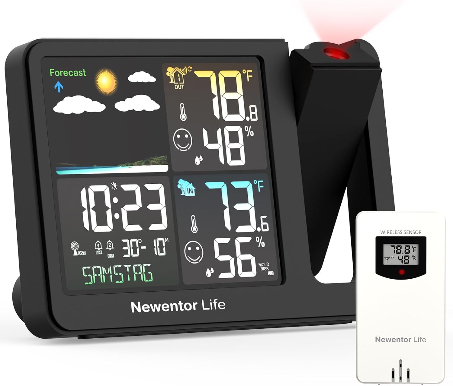 Newentor Projection Alarm Clock, Projection Clock for Bedroom Ceiling, Weather Station Thermometer with Projector Indoor Outdoor TEM&Hum, Forecast, Adjustable Backlight,MatteBlack with Red Projector