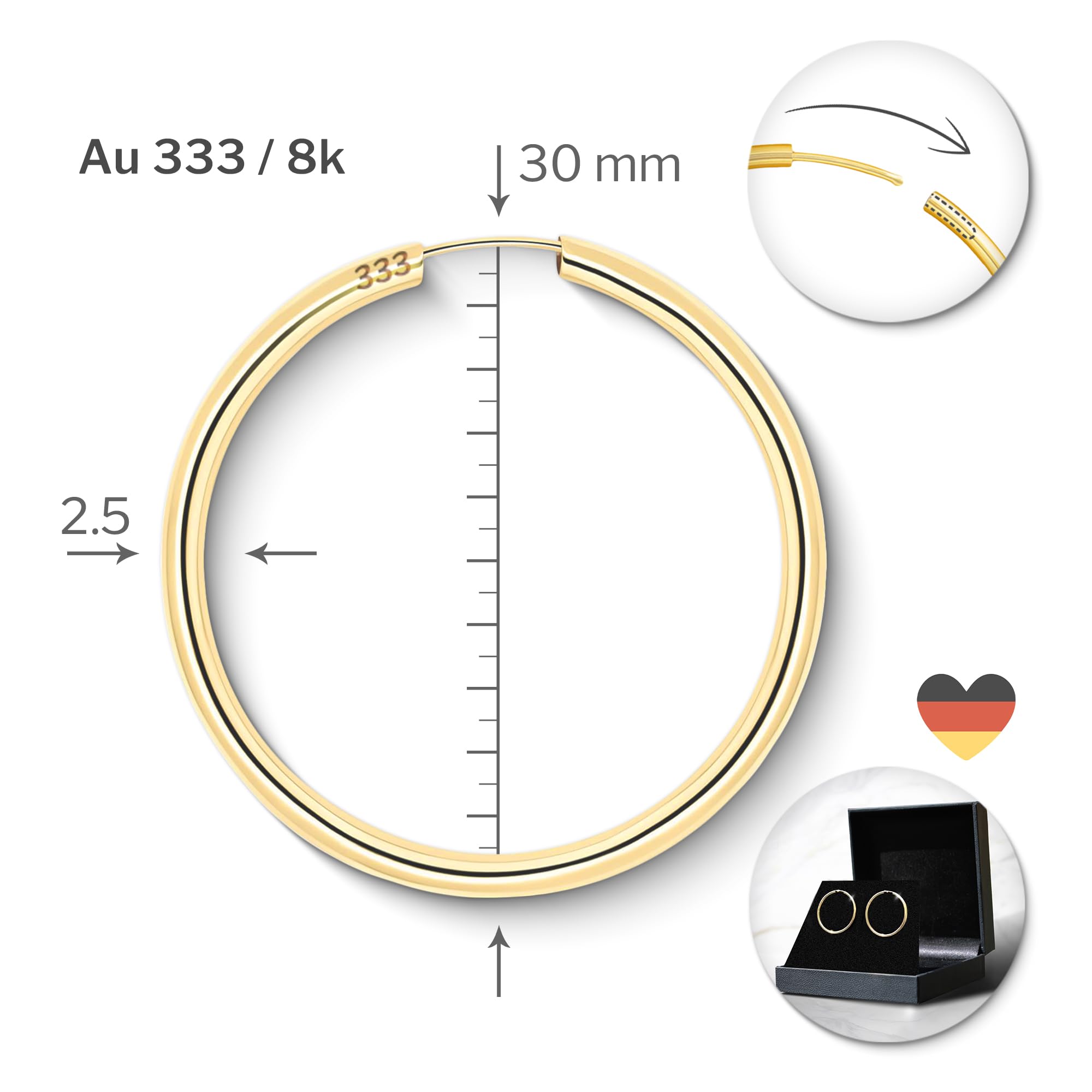 EDELIND Creolen Gold 333 585 Echtgold 30 mm - Ohrringe 2.5 mm breit, auch 750 Gelbgold - für Damen - mit edler Geschenkbox
