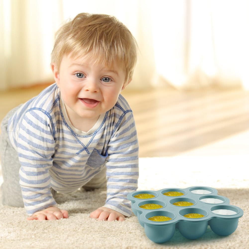 Aolso Recipiente para comida, Bandeja de Silicona para Comida,Silicona para Cubitos de Hielo, Envase de silicona para Congelar Alimentos y Papillas, Recipiente Molde para Comida,Azul -9cuadrados