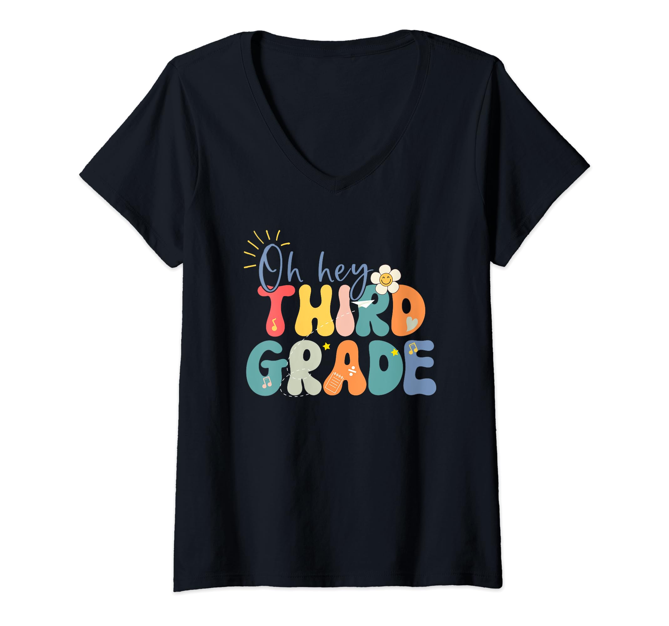 Back to SchoolWomens Funny Third Grade Back to School Groovy Hello 3rd Grade V-Neck T-Shirt