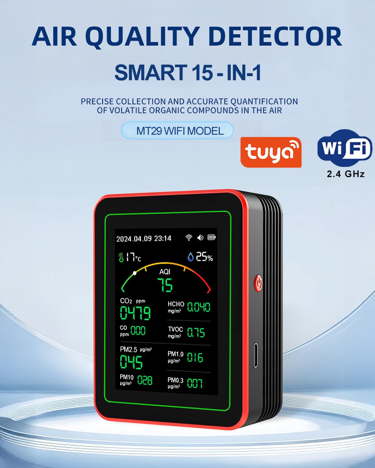 The air quality monitor displaying readings next to a smartphone showing the Tuya/Smart Life app interface with air quality data