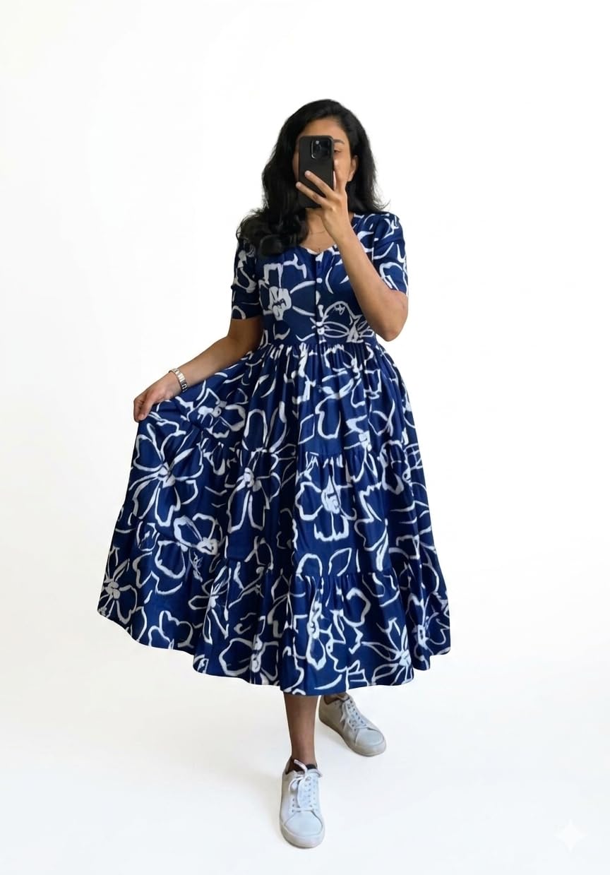 Women's Cotton Blend Maxi Midi Dress Western Dress for Women Elegant Floral Printed Long Dresses-image-38