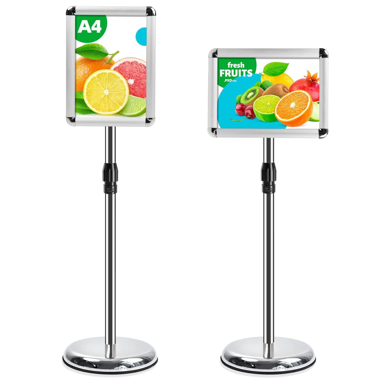 Excefore A4 Sign Stand Adjustable Poster Stand Aluminum Snap Frame Menu Stand Replaceable Advertising Rack Floor Display Stands with Safety Corner and Stable Round Base (Silver, A4)