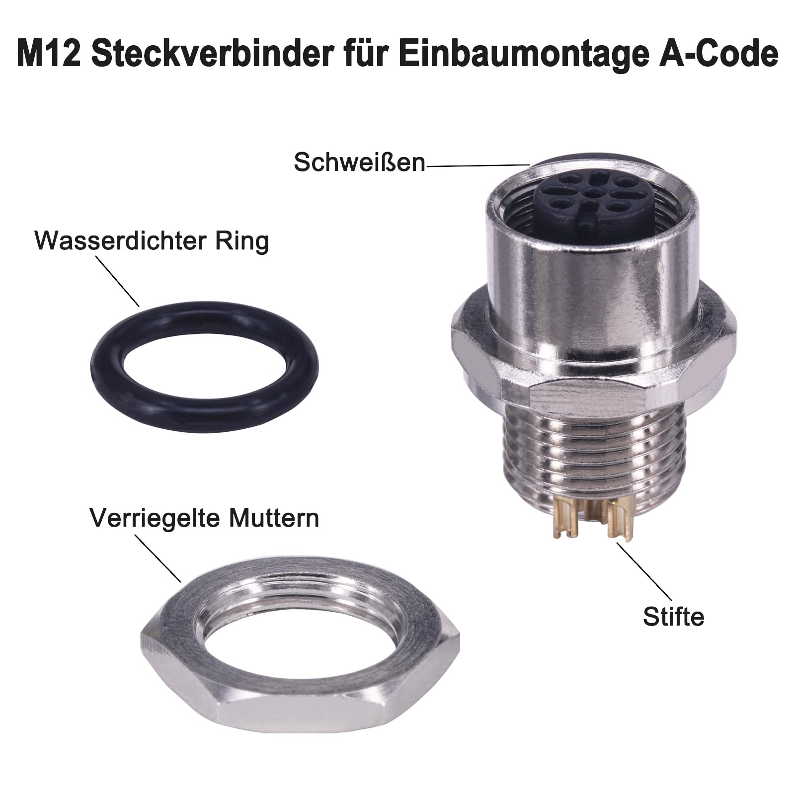 M12 Buchse 5 polos impermeable IP67, Conector M12 A-codificado rosca, Conector panel brida redondo sensor 2 piezas