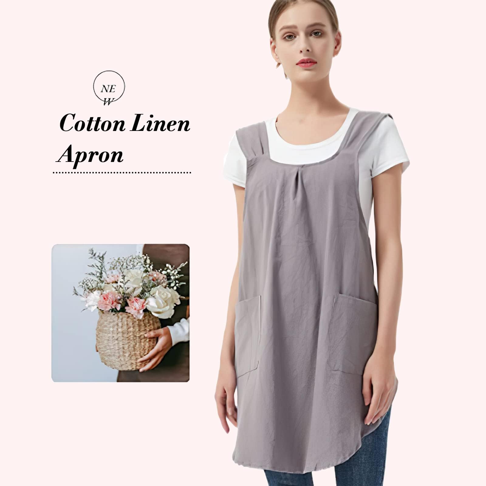 Garvee Delantal Japonés De Algodón y Lino Para Mujer – Tirantes Cruzados Desmontables, 2 Bolsillos Amplios, Ideal Para Cocina, Hornear, Barbacoa y Jardinería