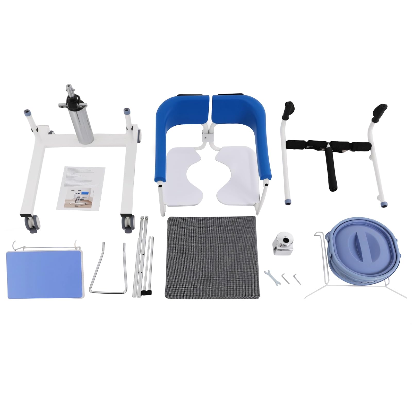 Silla Elevadora Hidráulica de Transferencia para Pacientes que Pueden Mantenerse Sentados, Altura Ajustable 42-60 cm, Carga 100 kg, Respaldo 180°, Ruedas con Freno, Ducha e Inodoro, Azul